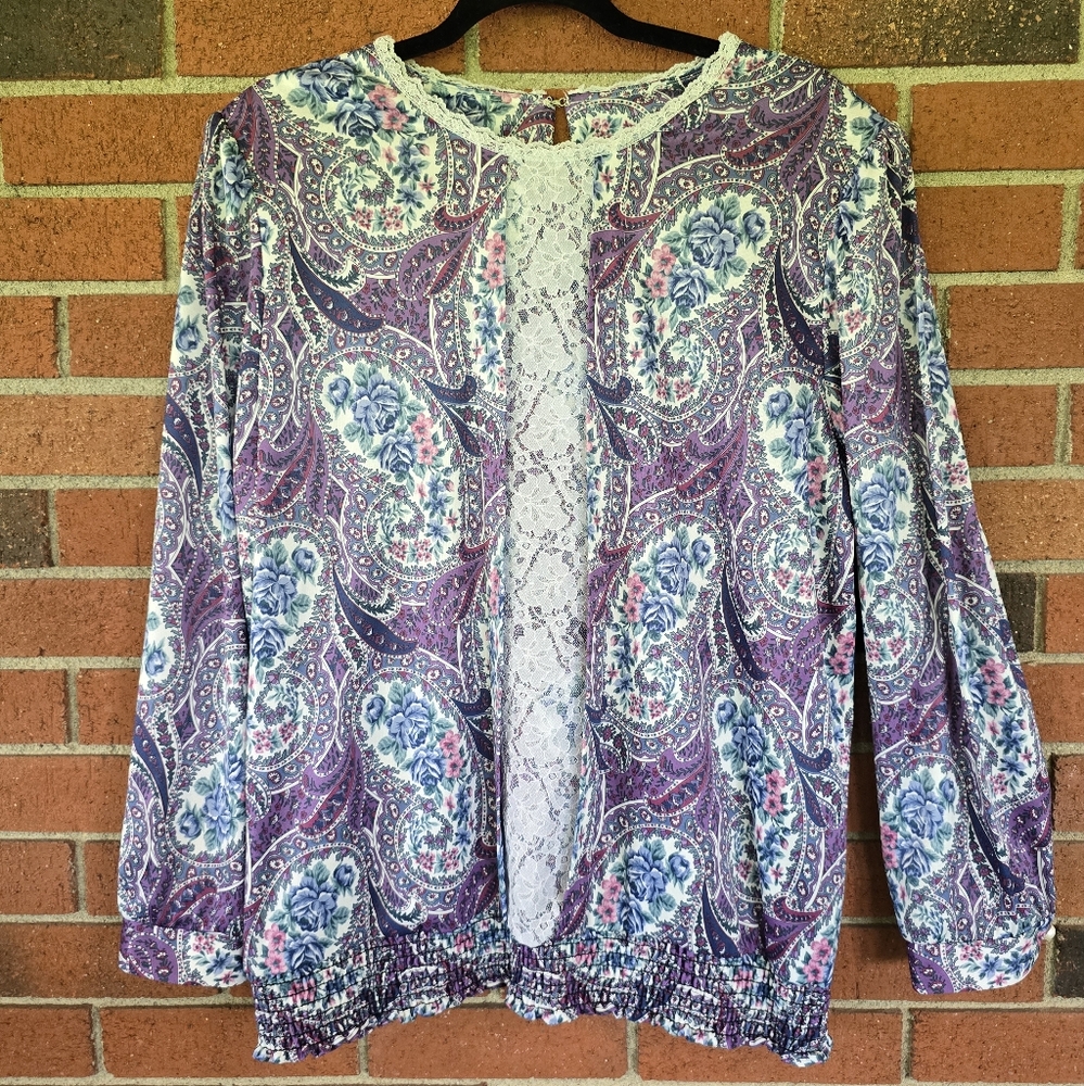 Vintage Style Setter Fashions Boho Top Blouse Women Paisley And Lace 80s 90s